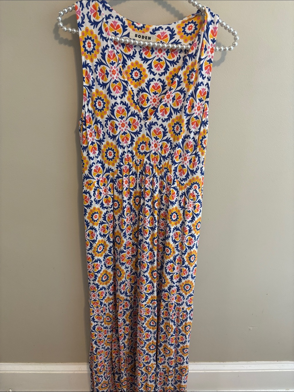 Boden Womens 6 Maxi Dress Damask Floral Medallion V-Neck Sleeveless Jersey Knit